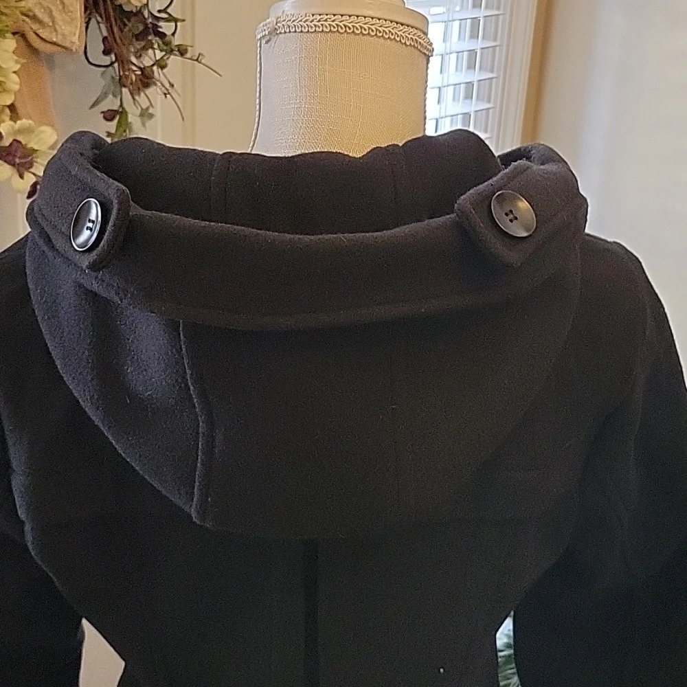 Tanming black double breasted wool pea coat trench coat jacket hood Small New …